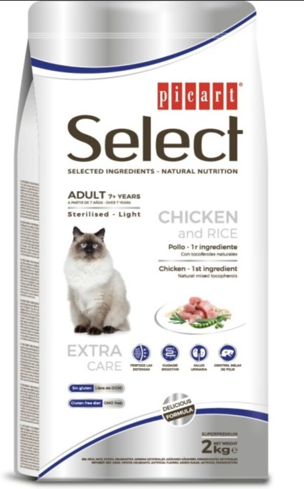 Picart Select Pienso Light de Pollo y Arroz para Gatos Senior 7+. 2 kg