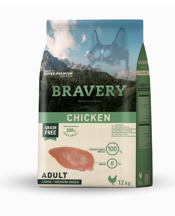 BRAVERY DOG CHICKEN ADULT LARGE/MEDIUM BREEDS  PIENSO PARA PERROS ADULTO DE RAZAS 12kg