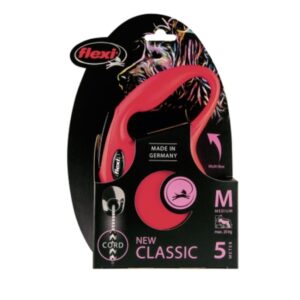 Correa extensible Flexi New Classic de cinta M en color Rojo. Correa de perro hasta 25 kg . Correa de 5 metros. ROJO